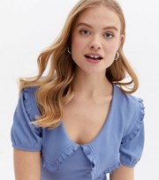 New Look Blue Ribbed Frill Collar Puff Sleeve Top